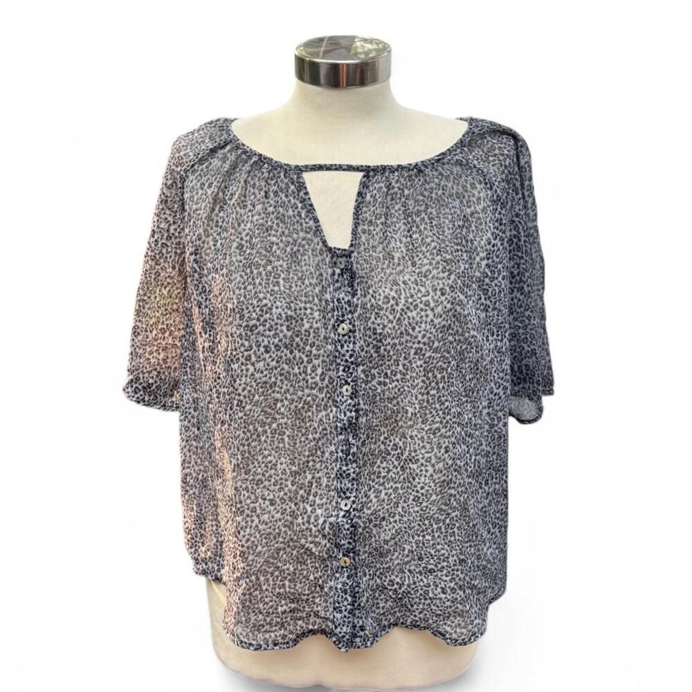 Quintessential Black Grey Sheer Leopard Print Button Front Blouse